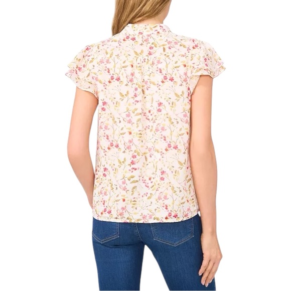 CeCe Sz Small Pink Floral Double Flutter Ruffle Sleeve Button Front Blouse Top - Picture 3 of 12